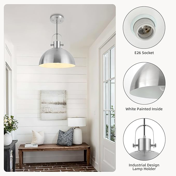 12 Inch Farmhouse Pendant Lights, Brushed Nickel Pendant Lighting for Kitchen Island, lndustrial Adjustable Height Hanging Light for Barn, Dining Room, 2 Pack