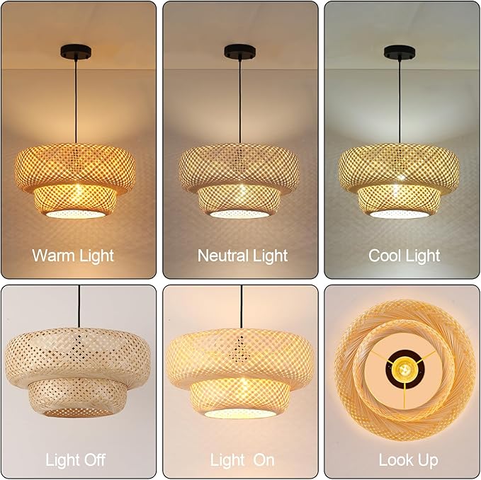 Boho Bamboo Pendant Light 17.72" Beige Wicker Chandelier Handmade Rattan Dining Room Lights Farmhouse Hanging Lighting Fixture for Kitchen Island Bedroom Living Room Hallway Coffee Restaurant