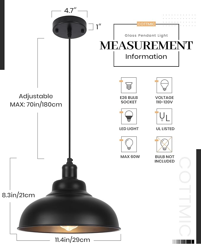 Black Dome Pendant Light 3 Pack, Farmhouse Pendant Lights Kitchen Island, 11.4’’ Industrial Metal Pendant Light Fixtures, Pendant Lighting for Dining Room Hallway Bar, Adjustable Height