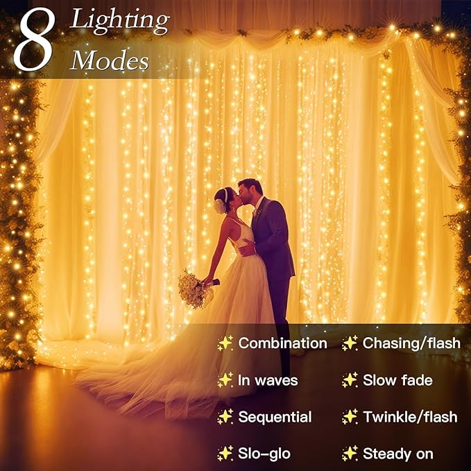 300 LED Warm White Curtain String Lights 9.8x9.8FT, Plug in Fairy Lights with 9 Hooks, Dimmable, Timer & 8 Modes, IP44 Waterproof, Bedroom Wall Wedding Backdrop Christmas Indoor Outdoor Decor
