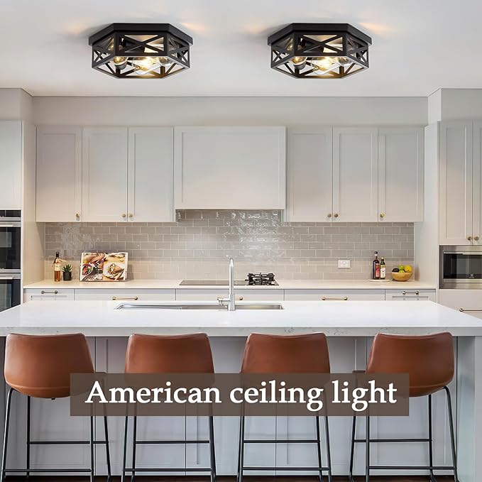 2 Pack Industrial 3-Light Semi Flush Mount Ceiling Light Fixture,Farmhouse Black Sputnik Ceiling Lighting, Modern Chandelier E26 Base Pendant Lamps
