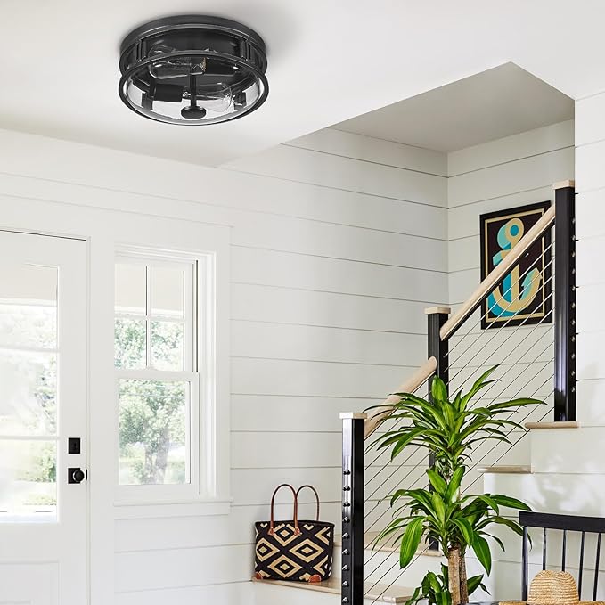 Flush Mount Ceiling Light with Clear Glass Shade, 2-Light Indoor Outdoor Farmhouse Lighting Flush Mount Lights for Kitchen Bedroom Porch Living Dining Room