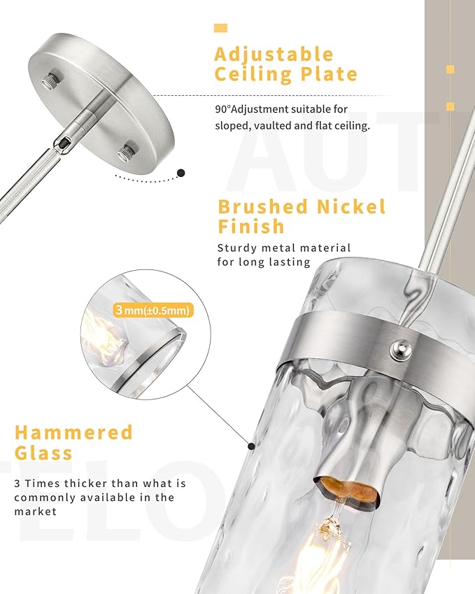 AUTELO Glass Pendant Light, Brushed Nickel 2 Light Island Pendant Lights for Kitchen with Hammered Glass, Modern Hanging Lamp with Adjustable Rods for Dining Room Bedroom Bathroom, H-2529 HMST2PK