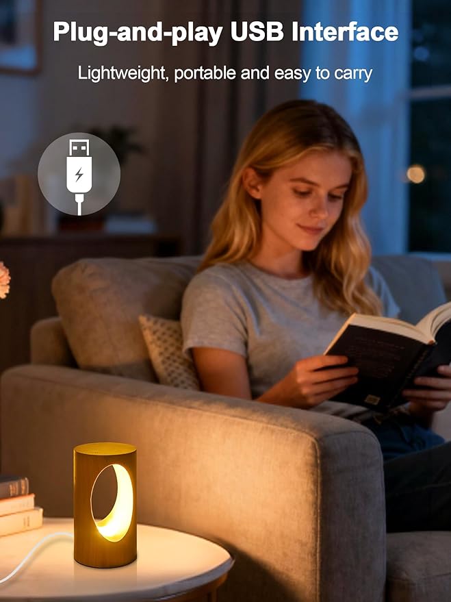 WLHONG LED Night Light, Wood Small Lamp 3000K Dimmable, Cylinder Bedside Lamps for Bedroom, Portable Desk Lights for Home Dorm Office Ambient Lighting, Unique Home Decor Housewarming Gift
