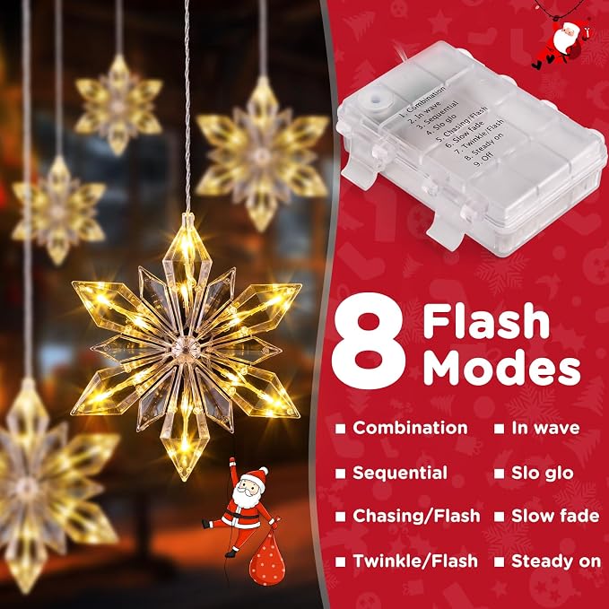 Marchpower Christmas Snowflake Window Lights, 5Pack 60LED Battery Powered Christmas Window Lights, Waterproof Snowflake Curtain Lights with Timer & 8 Modes for Indoor Outdoor Xmas Decor