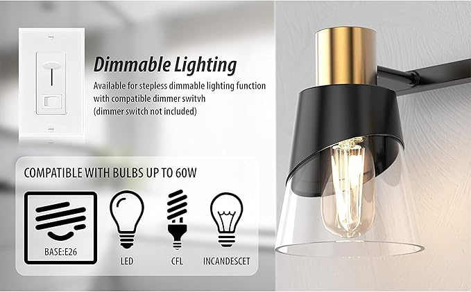 URSOLA Bathroom Light Fixtures, 5 Lights 36inch Black and Gold Vanity Light, Bathroom Lighting Fixtures Over Mirror, Wall Light with Clear Glass Shade, E26 Base (Bulbs Not Included)