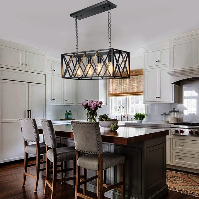 Pynsseu Industrial Kitchen Island Pendant Lighting, Rectangular Vintage Rustic 4-Light Hanging Pendant Light Fixtures for Kitchen Farmhouse, Bar, Dinning Room