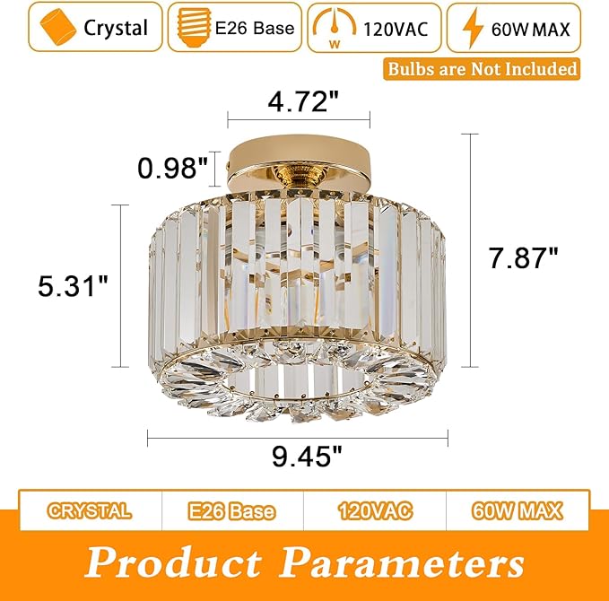 BUXVRCS Crystal Ceiling Light Fixture - Semi Flush Mount Ceiling Light Modern Chandelier Hallway Light Fixtures Ceiling Flush Mount Light Fixtures for Kitchen Bedroom Bathroom Entryway (Gold)