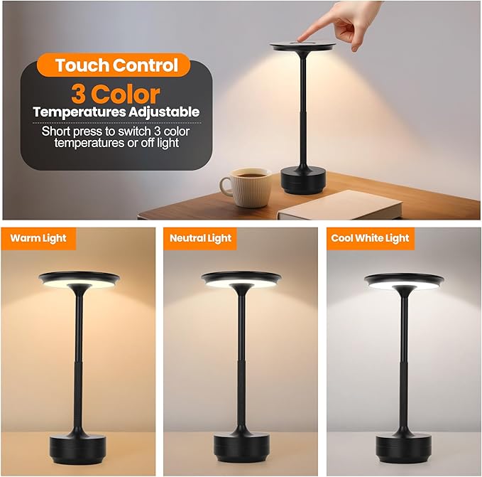 Cordless Table Lamp Rechargeable 5000mAh, 3-Color Stepless Dimming Touch Sensor, Portable LED Desk Light for Bedroom, Nightstand, Camping, Patio (1-Pack Black)