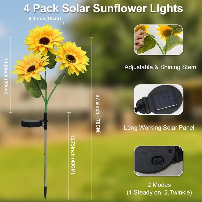 4Pack Sunflower Solar Lights Outdoor Waterproof Stake Light for Pathway | 12 Bigger Sunflower,Auto ON/Off,Garden Decorative Lights for Lawn Landscape Birthday Gifts for Mom Women
