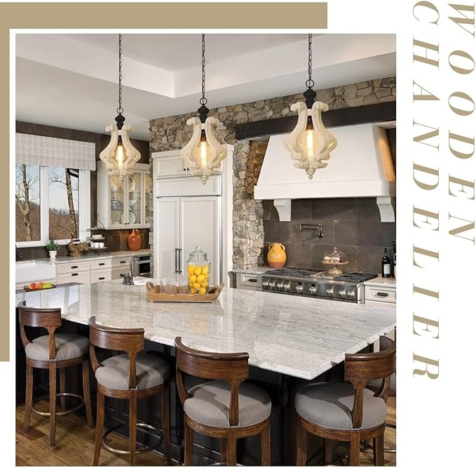 12.4" French Country Wood Pendant Light Mini Modern Vintage Farmhouse Distressed Wooden Pendant Light Modern Rustic Pendant Light for Kitchen Island, Dining Room, Bedroom, Hallway, Entryway