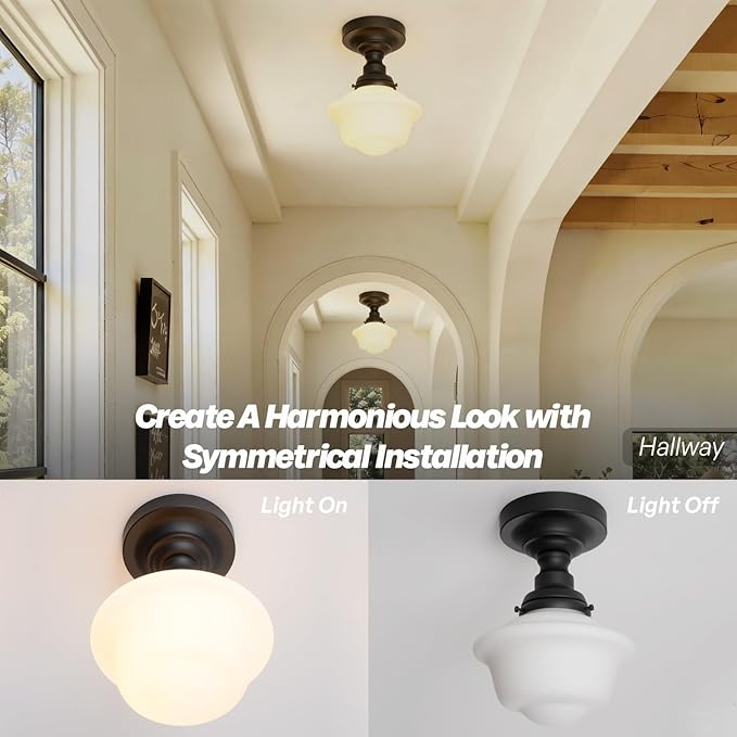 Schoolhouse Semi Flush Mount Ceiling Light,Black Close to Ceiling Light Fixtures with Milky White Glass Modern Farmhouse Hallway Ceiling Lamp for Laundry Kitchen Entryway Bathroom E26