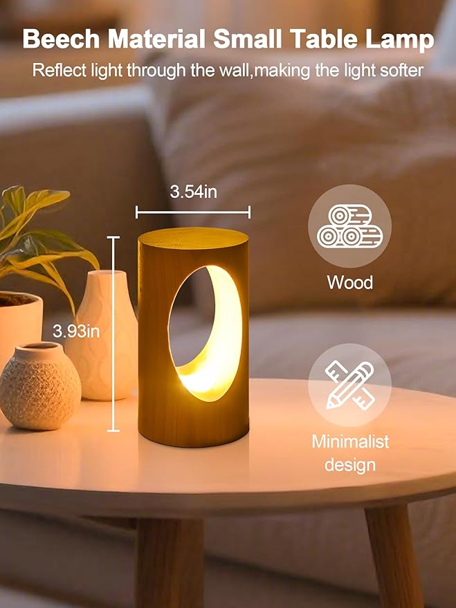 WLHONG LED Night Light, Wood Small Lamp 3000K Dimmable, Cylinder Bedside Lamps for Bedroom, Portable Desk Lights for Home Dorm Office Ambient Lighting, Unique Home Decor Housewarming Gift