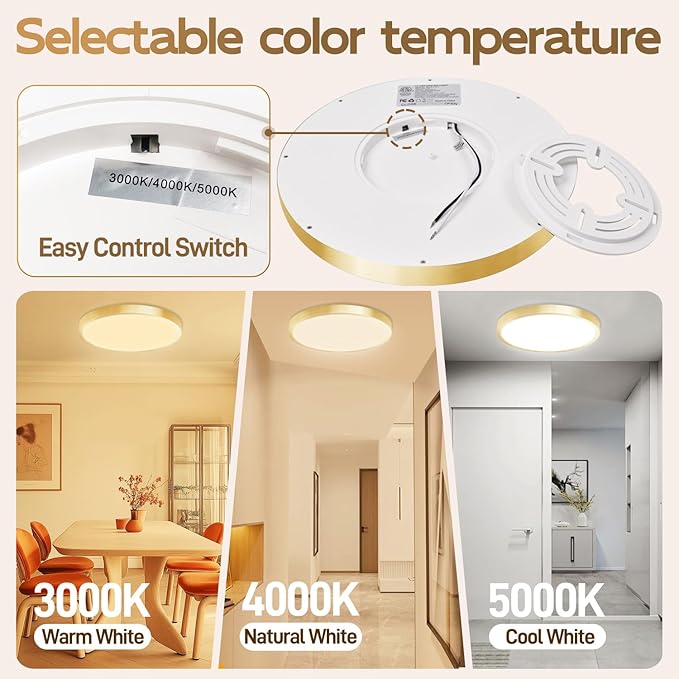 Hlite Dimmable 4pack 12 inch Gold Flush Mount Ceiling Light,24W 2600LM Super Slim 3000K/4000K/5000K 3CCT Selectable,Dimmable Ceiling Light Fixtures for Kitchen,Bedroom (Gold)