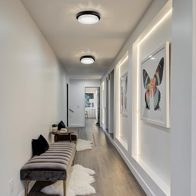 Crystal Flush Mount Ceiling Light Small LED Ceiling Light 10 Inch Round Hallway Lighting Black Modern Bathroom Light Fixtures for Entryway Laundry Room Foyer Mini Closet Ceiling Light