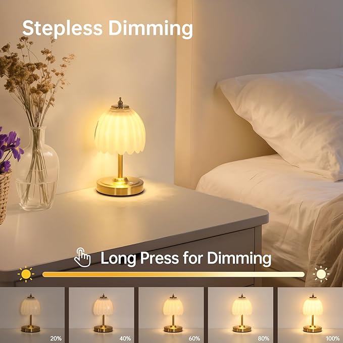 Shenmoyl Tulip Small Table Lamp, 5200mAh Cordless Touch Control Mini Table Lamp with 3 Color Temps & Stepless Dimming, Perfect for Small Spaces Like Dressers, Bedsides, Bookshelves (White Tulip)