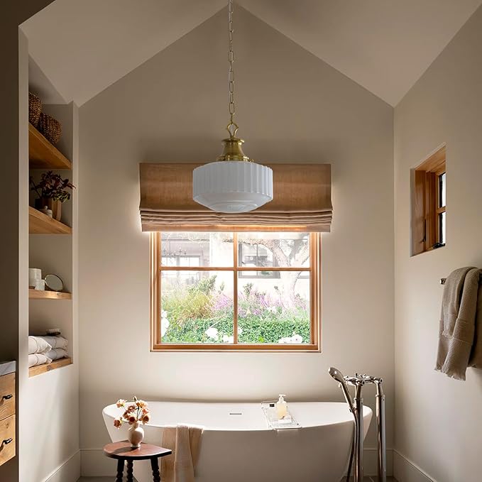 Milk Glass Pendant Light, 10.63" White Pleated Glass Chandelier, Vintage Brass Antique Pendant Lights, for Kitchen Island Lighting, Hallway, Bedroom, Dining Room, Foyer, E26 Bulb Included