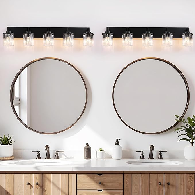 Modern Crystal Bathroom Light Fixtures, 5 Light Black Farmhouse Vanity Lights, with Crystal Glass Shade, Industrial Bathroom Lighting Fixtures Over Mirror Wall Light for Bedroom Living Room