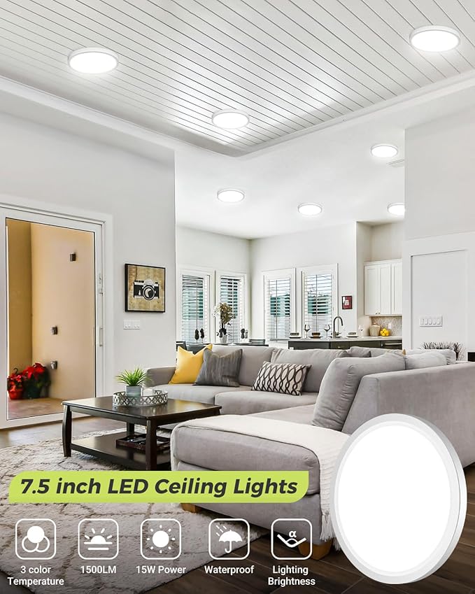 hepside 6PACK LED Flush Mount Ceiling Light, 3000K-4000K-6500K & 100W Equivalent Modern Kitchen Recessed Ceiling Lamp 15W 1500Lm 7.5 Inch for Bathroom Closet Laundry Bedroom Hallway, White