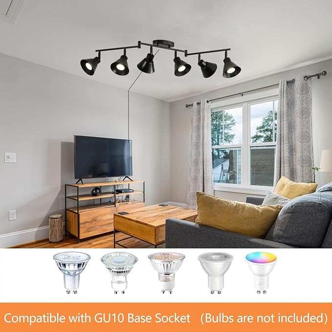 6 Light Plug in Track Lighting Kit,Modern Plug in Ceiling Light Fixture,16.4ft Cord,6 Way Ceiling Spot Lighting,Flexibly Rotatable Light Head (Black)