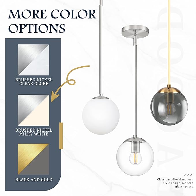 Bagood 10 Inch Globe Pendant Light Nickel Globe Pendant Lights Kitchen Island Mid Century Light Fixture with Milky White Glass Contemporary Adjustable Hanging Lights for Dining Room (Bulb Included)