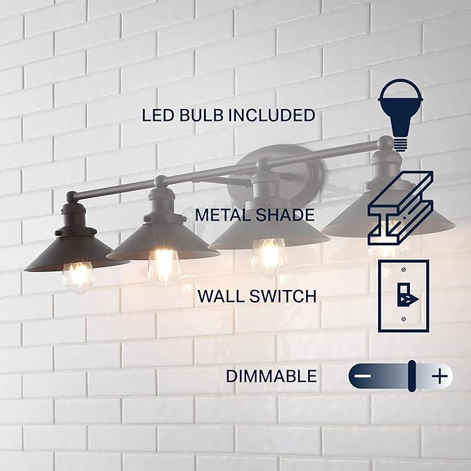 JONATHAN Y 36.25" Oil Rubbed Bronze 4-Light Industrial Farmhouse Metal Vanity Light Wall Sconce, Metal Shade for Bathroom Mirror, Kitchen, Entryway, LED Bulb Included (JYL7904A)