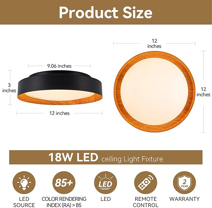 12 Inch LED Flush Mount Ceiling Light with Remote, 18W Flush Mount Light Fixture in Black and Wood Finish, Dimmable Ceiling Light for Bedroom, Hallway, Entryway, Bathroom, Kitchen