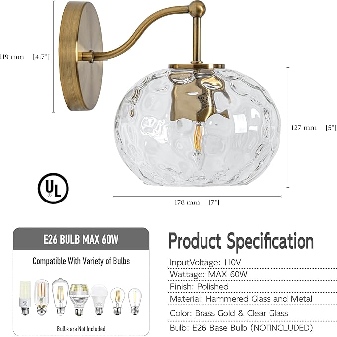 Modern Iridescent Glass Wall Sconce Gold Brass Wall Light Set of 2 Hammered Clear Glass Vanity Light for Bedroom Hallway Living Room Stairwell Bathroom Over Mirror