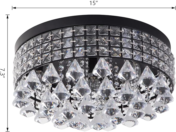 Maxax 4 Lights Crystal Chandelier, Recessed Drum Ceiling Light, Mini Crystal Flush Mount Round Metal Shade Raindrop Chandelier Crystal for Dining Room Living Room Bathroom Bedroom, Black