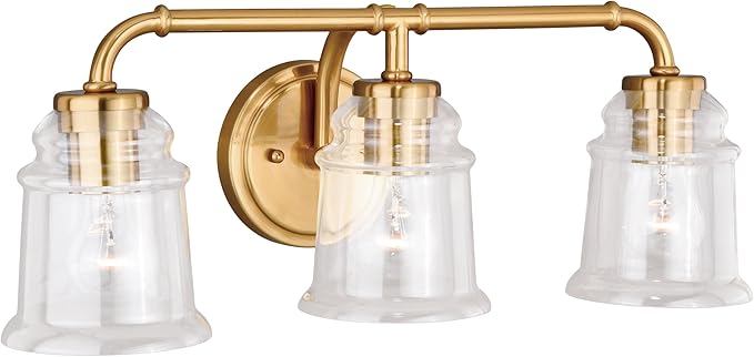 VAXCEL Toledo 3-Light 22 inch Wide Natural Brass Gold Industrial Bathroom Vanity Lighting Fixture, Clear Glass Shade, Dimmable, LED Compatible, Over The Mirror Mounted Steel Wall Sconce
