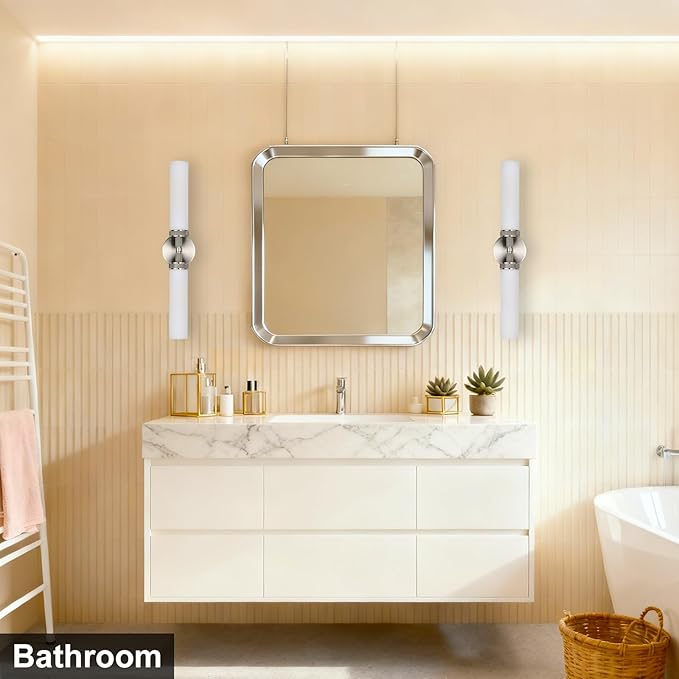 LaLuLa Brushed Nickel Vanity Lights – 2-Light Hardwired Bathroom Light Fixtures with White Glass Shades and Textured Metal Body, Chrome Wall Sconces for Over Mirror or Hallway