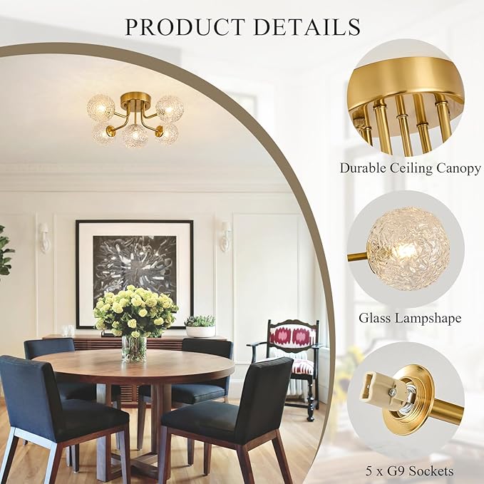 Sputnik Semi Flush Mount Ceiling Light Mid Century Modern Gold Ceiling Light 5 Lights Clear Glass Globe Chandelier for Bedroom Kitchen Entryway Closet