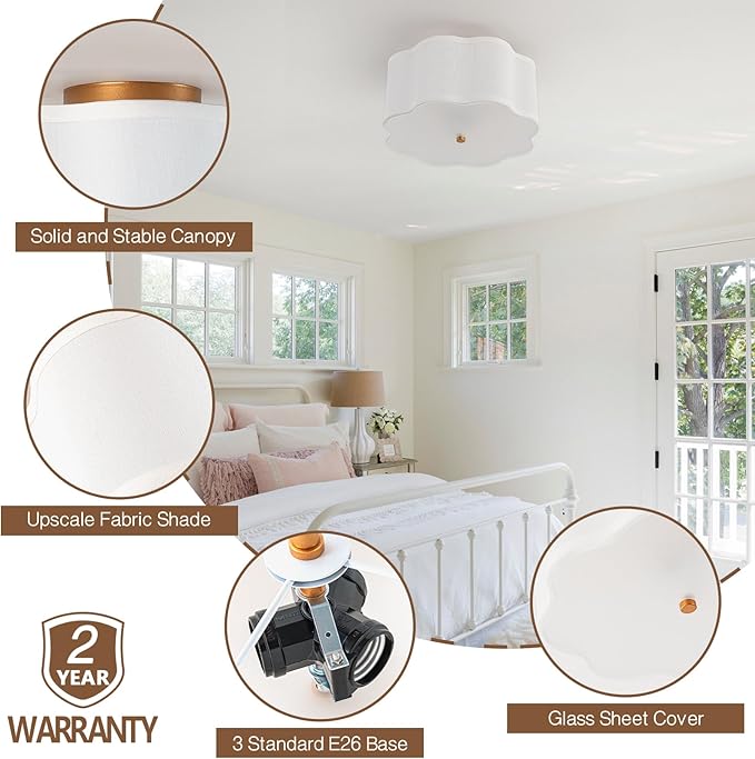 Bargeni Flush Mount Ceiling Light,13-inch Drum Ceiling Light Fixture,Light Fixtures Ceiling Mount with Cream White Fabric Shade, 3-Light Flush Mount Light Fixture for Nursery Kids Room,Bedroom,Hallway