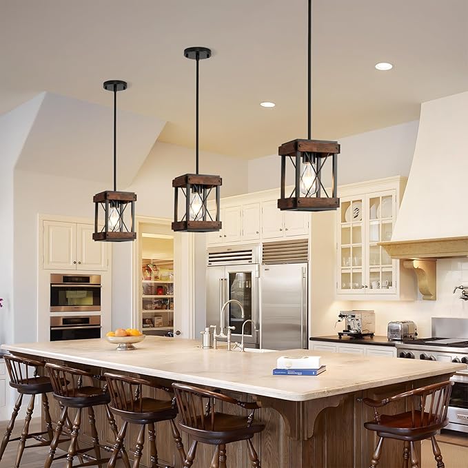 HOXIYA Farmhouse Pendant Light, 2 Pack Rustic Farmhouse Linear Chandelier with Wood and Metal Cage, Kitchen Island Pendant Light Adjustable Height for Dining Room Light Kitchen Island Bedroom
