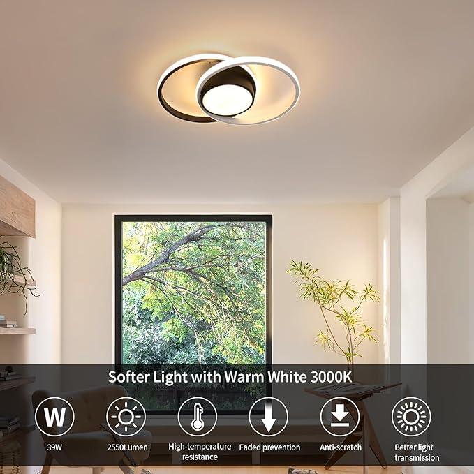 AUA Modern Ceiling Light, 39W LED Flush Mount Ceiling Light Fixture, 15.7" 3000K Round Close to Ceiling Lighting for Bedroom Hallway Dining Room Kitchen Entryway Black and White