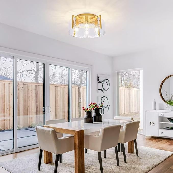 Modern 4-Light Gold Semi Flush Mount Ceiling Light, with Hammered Glass Shade, Round Hallway Lighting Fixtures for Kitchen Entryway,Bedroom,Dining Room,Living Room