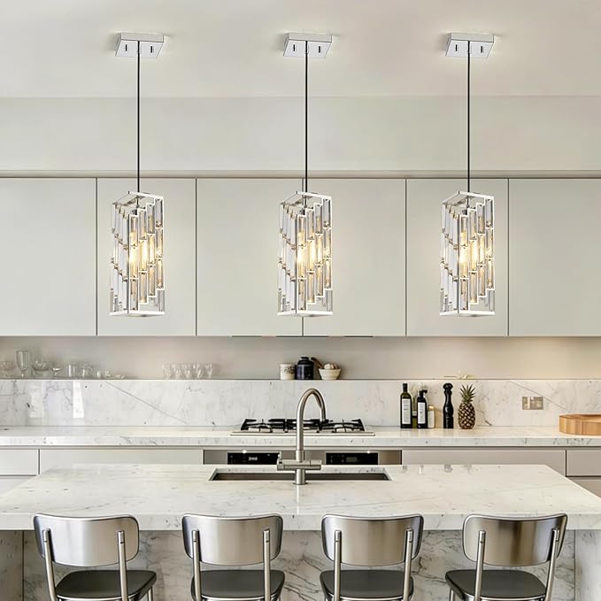 Chrome Pendant Lights Kitchen Island, Adjustable Modern Pendant Light Fixtures 1 Pack, Mini Crystal Chandeliers for Dining Room Bedroom Foyer Hallway
