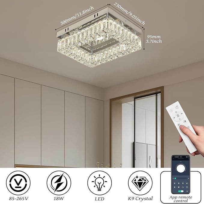 Finktonglan Modern Crystal Flush Mount Ceiling Light, 11.8" Rectangular Dimmable LED Ceiling Fixture with Multi-Faceted Crystal Prisms, 18W Low Profile for Bedroom Hallway Entryway