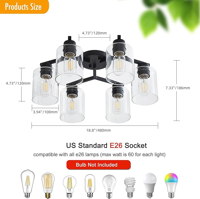 6 Light Semi Flush Mount Ceiling Light Black Kitchen Lighting Fixtures Ceiling Industrial Large Cieling Light Fixtures, with Clear Glass Shade for Dining Room Living Room Kitchen Island Farmhouse