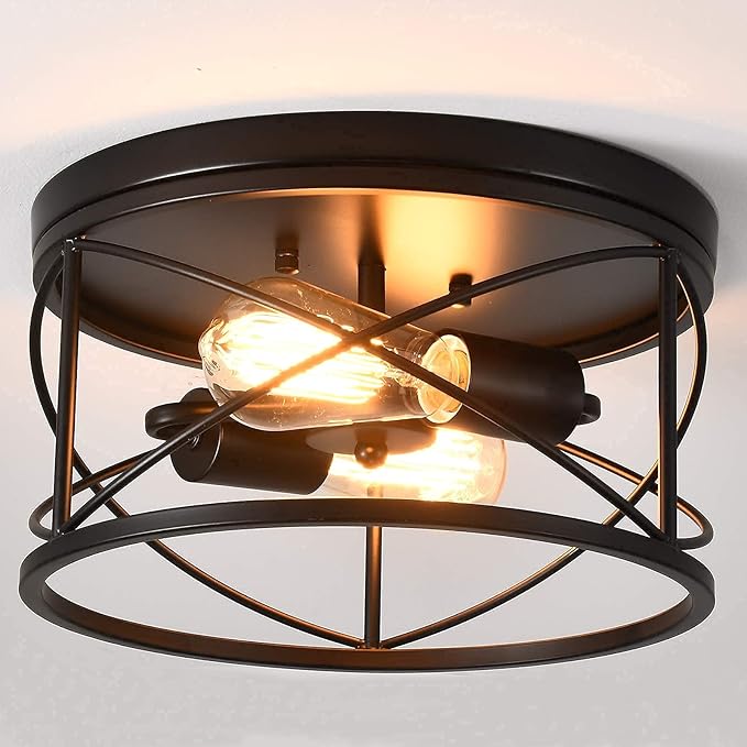 2-Light Flush Mount Ceiling Light Fixture, Industrial Modern Black Ceiling Lamp, Vintage Farmhouse Light Fixture for Hallway, Bedroom, Dining Room, Living Room, Kitchen, Entryway