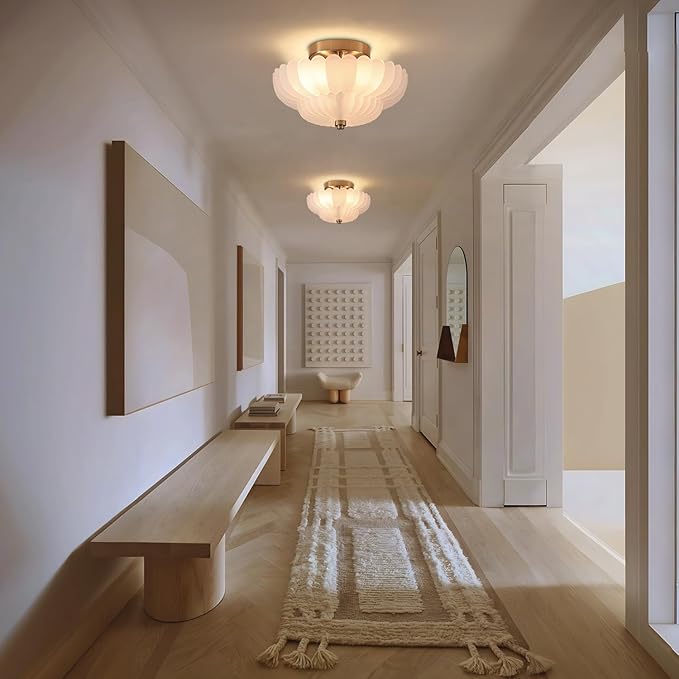 Milk Glass Flush Mount Ceiling Light - 11.6” Brass Semi Flush Mount Ceiling Light Fixture with Milk Glass，Mid Century Close to Ceiling Light for Bedroom, Living Room, Hallway, Entryway