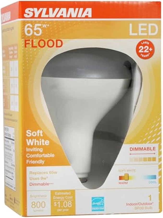 Sylvania LED Flood BR30 Light Bulb, 65W Equivalent Efficient 9W, Medium Base, Dimmable, 2700K, Soft White - 1 Pack (40460)