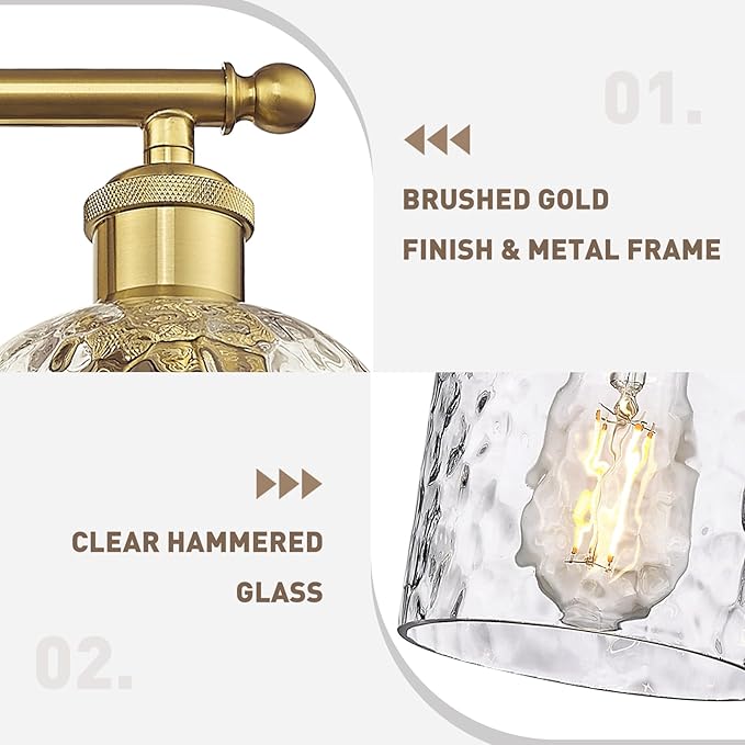 zeyu 21 Inch Bathroom Wall Sconce, 3 Light Sconces Wall Lighting Over Mirror, Brushed Gold Finish with Clear Hammered Glass, ZJF63B-3W BG