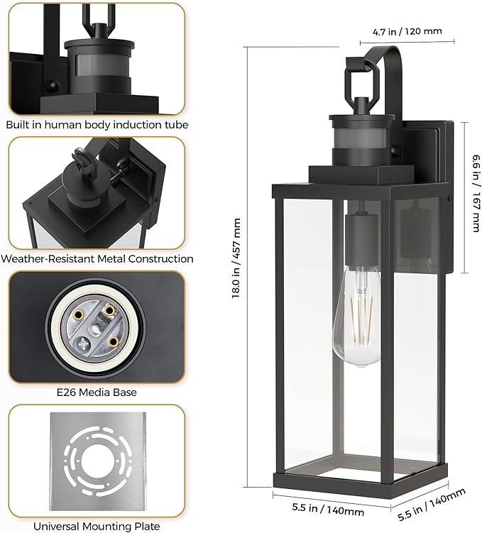 DORESshop Large Size Motion Sensor Outdoor Wall Lights, 18 Inch Matte Black Waterproof Anti-Rust Outdoor Light Fixtures Wall Mount with Clear Glass Shade for Porch, Garage, ETL Listed, 2 Pack