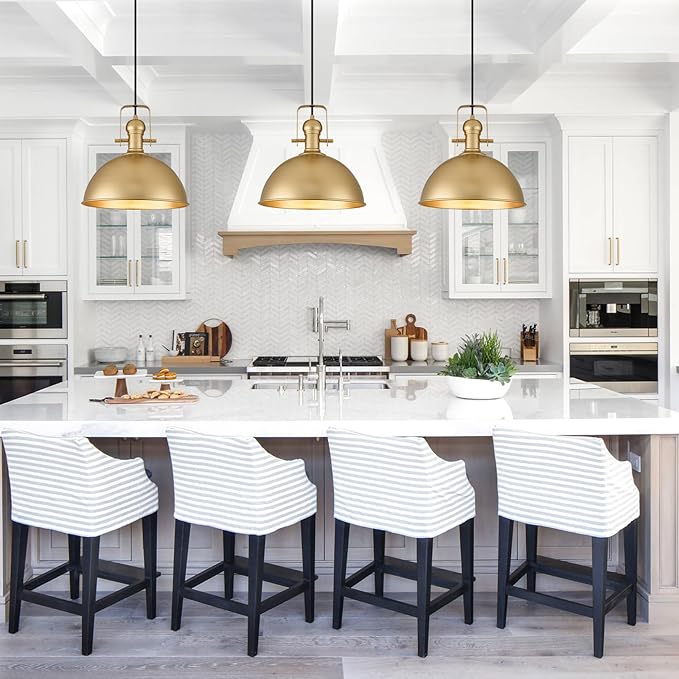 12 Inch Gold Farmhouse Pendant Lights Matte Pendant Lights for Kitchen Island Industrial Adjustable Height Vintage Dome Hanging Light Fixtures for Barn, Dining Room 2 Packs