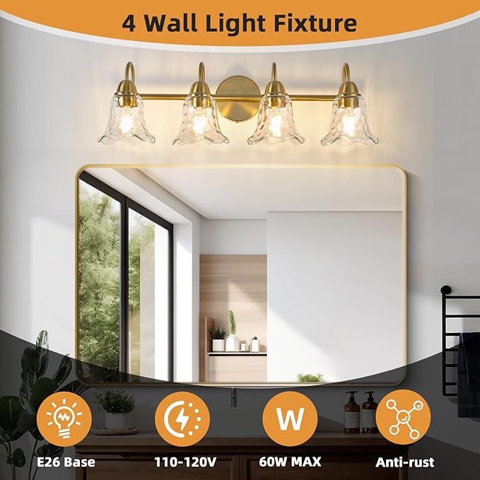 Bathroom Light Fixtures Over Mirror, 4 Lights Vintage Wall Sconces with Hammered Glass Shade, 26.8" Gold Bathroom Wall Light Fixtures for Bedroom, Porch, Hotel, Mirror Cabinet