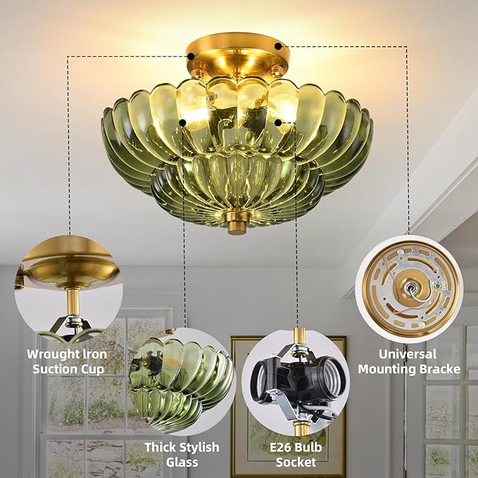 Semi Flush Mount Ceiling Light, 11.8 Inch Gold Vintage Hallway Light Fixture with Green Glass, Close to Ceiling Light for Bedroom Kitchen Living Room Bathroom Foyer, E26 Base