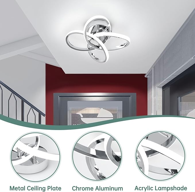 EIDISUNY Modern Led Ceiling Lights, 11.8in Chrome Curved Hallway Ceiling Lights Fixtures, 26W Flush Mount Ceiling Light for Bedroom Kitchen Bathroom Entryway Balcony Stair - Cold White Light 6000K
