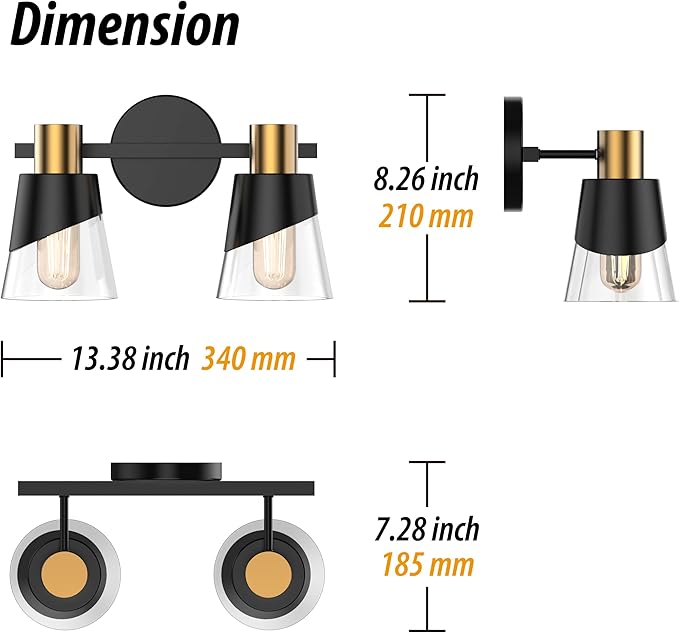 URSOLA Bathroom Lighting Fixtures Over Mirror, 2 Lights Bathroom Vanity Light, 13 inchBathroom Light Fixtures, Black and Gold Design with Bevelled Edge and Clear Glass Shade Wall Lamp