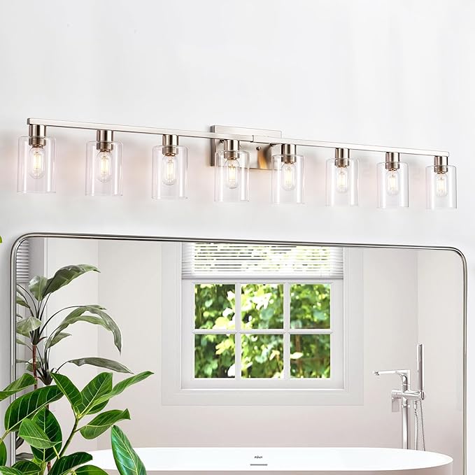 8 Light Bathroom Vanity Light,Modern Large Brushed Nickel Bathroom Light Fixtures Clear Glass Shade Rust and Moisture Prevention and Easy to Install Vanity Lights for Bathroom Lights Over Mirror